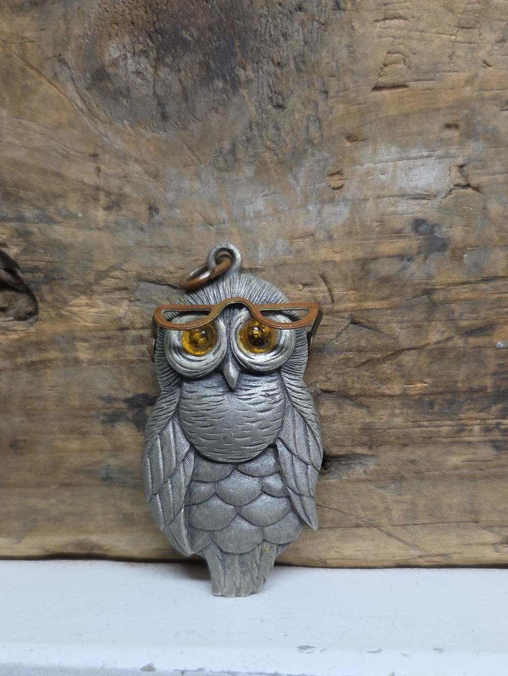 Vintage JJ Pewter Owl Pendant with Movable Eyeglasses & Amber Glass Eyes